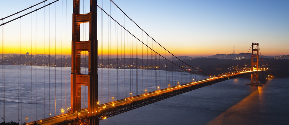 Sunrise over San Francisco and the Golden Gate Bridge.